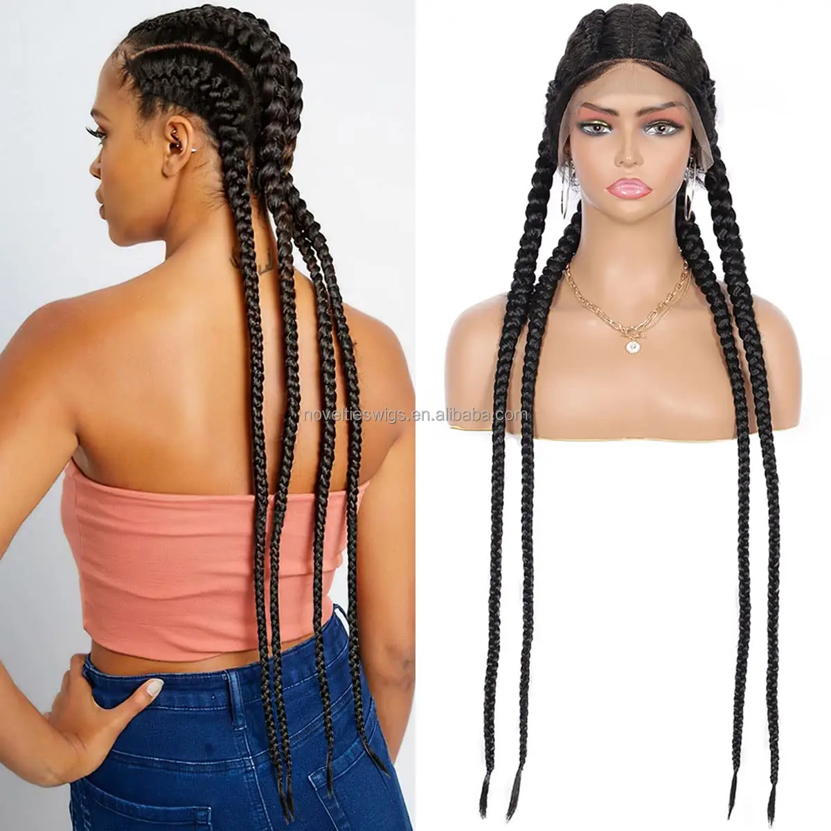 

35 Inch Long Hand 360 Swiss Lace Front Blonde Double Dutch Braided Wigs with Baby Hair Lightweight Synthetic Twisted Braids Wigs, #1b #27/613mb #1/27t #1/30t #1/99jt