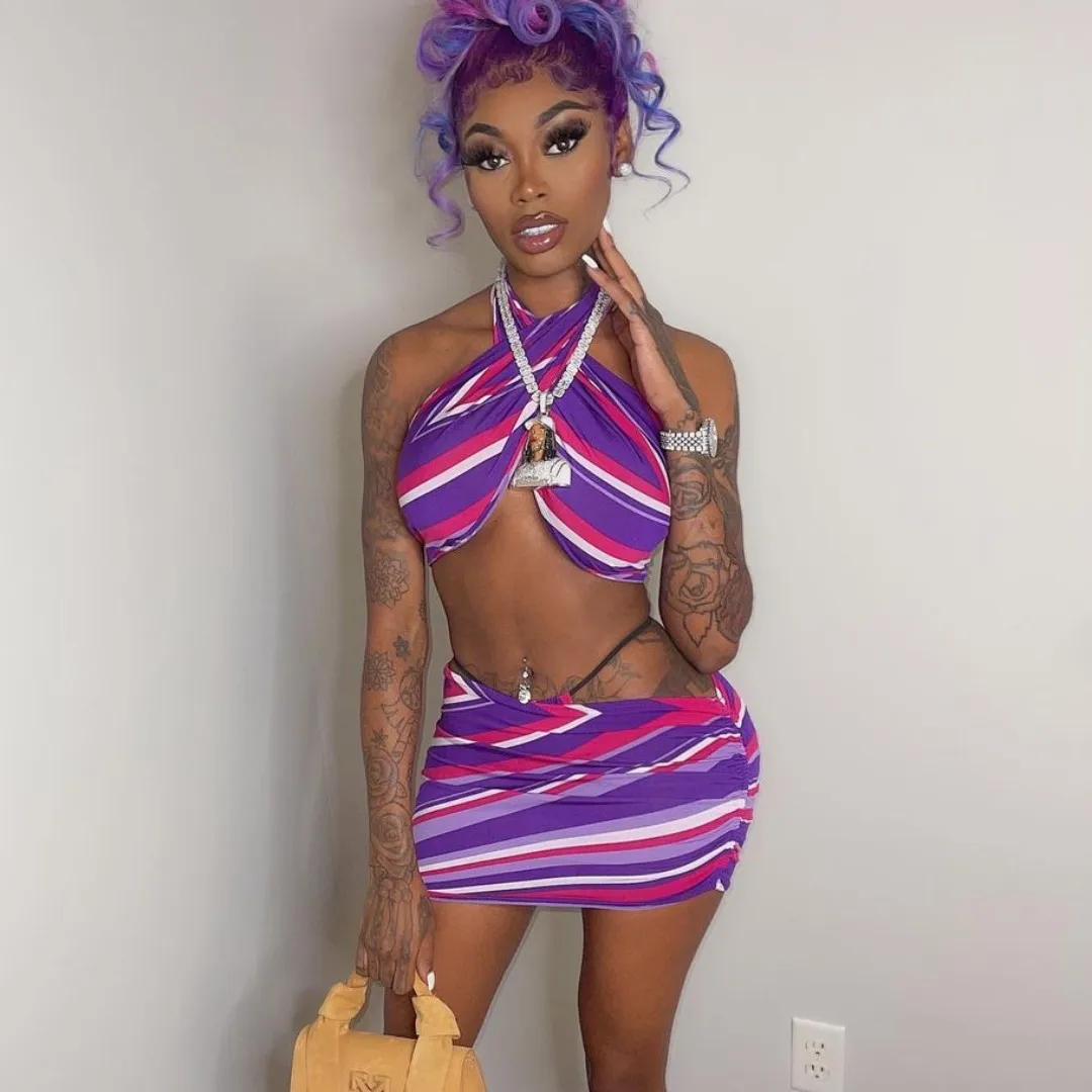 

Sexy Halter Striped Women Summer Clothing 2021 Two Piece Skirt Set 2 Pieces Summer 2021 Outfits Mini Skirts Sets For Women -PT, Purple