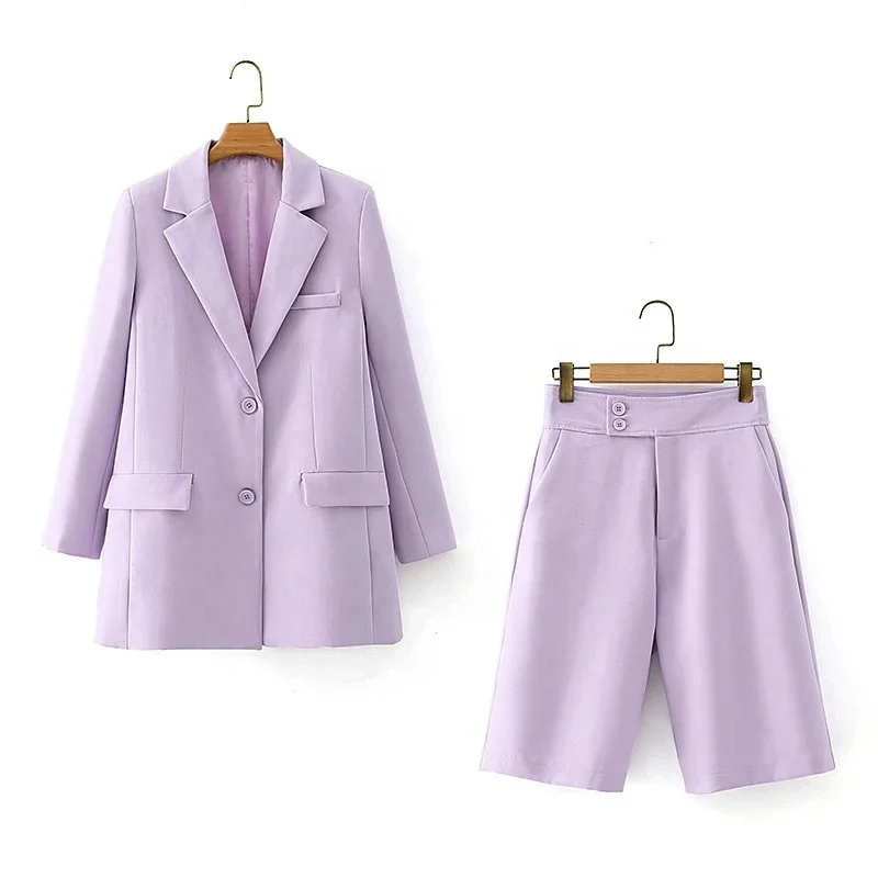 

B63860A Autumn new Korean version purple small suit jacket + high waist wide leg suit trousers casual suit woman, Purple/sky blue