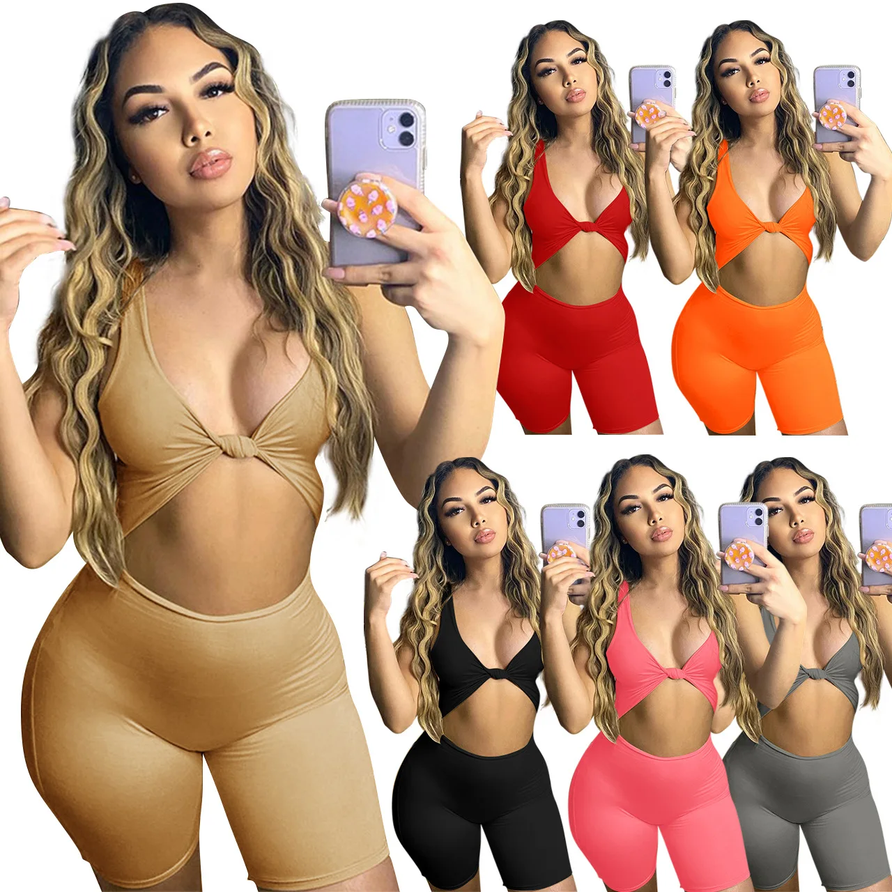 

2021 summer 1 piece knot bodycon jumpsuit sleeveless one piece shorts jumpsuit women