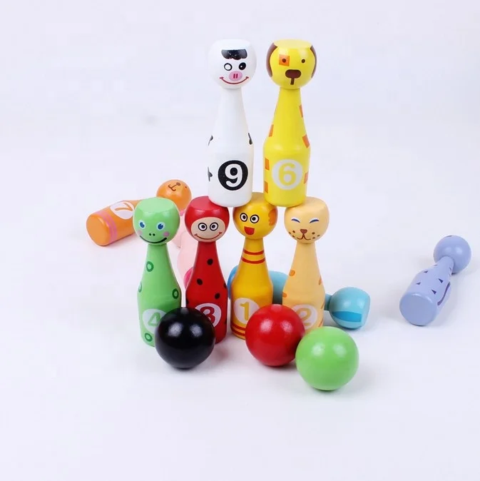 

10pcs/lot wooden cartoon bowling children puzzle fun interactive toys outdoor sports balls, Picture