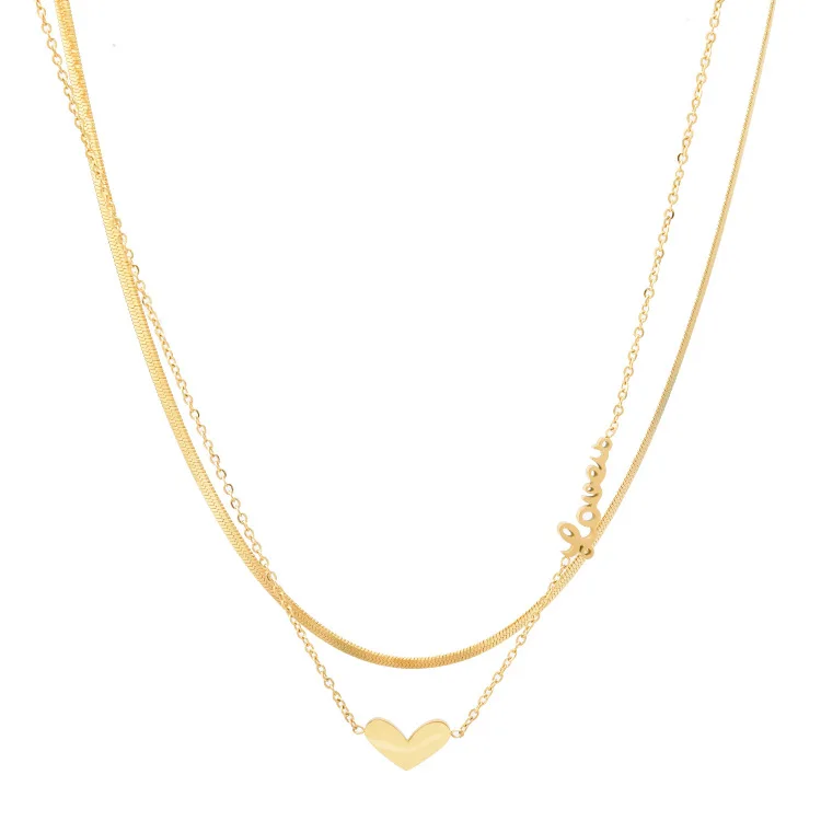 

18K Popular Gold Plated WOMEN Stainless Steel Letter LOVE Two Layers Heart Pendant Jewelry Clavicle Snake Chain