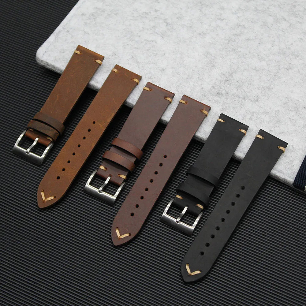 

Luxury Vintage Full Grain Straps Leather Two Pieces Padded leather Watch Band High-end Oil Waxed Watch Strap 18/20/22mm