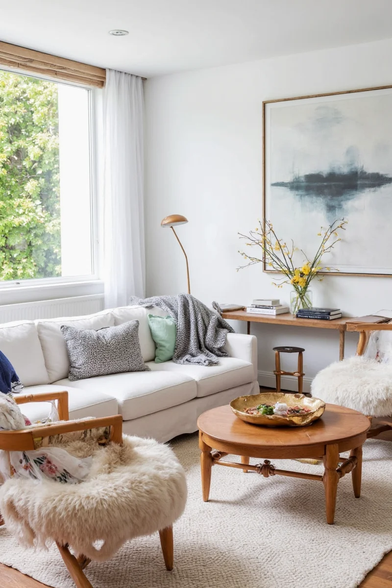 Bright pillows and throws on a neutral couch
