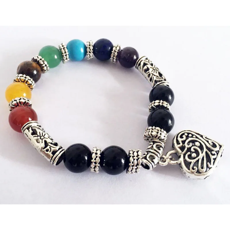 

Fashion 7 Chakra Multicolor Stone Healing Bracelet Matte Aate Charm Heart Gem Bracelet, Multi