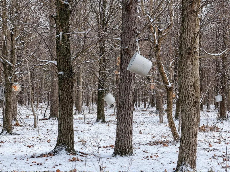 Maple sap collection buckets hanging on sugar maple trees