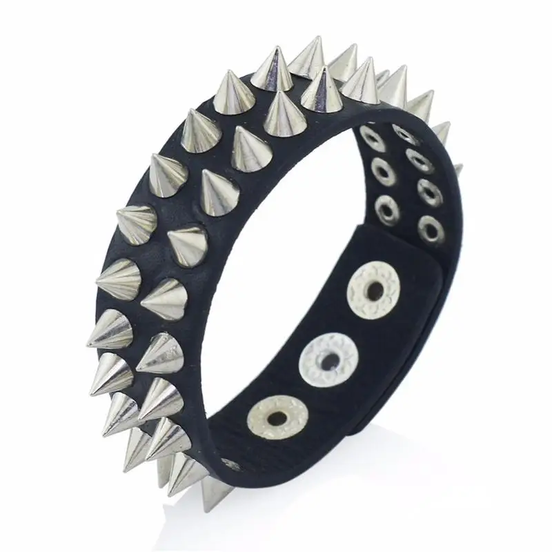 

Gothic Delicate Cuspidal Spikes Rivet Cone Stud Cuff Black Leather Bracelets Bangles Punk Bracelet