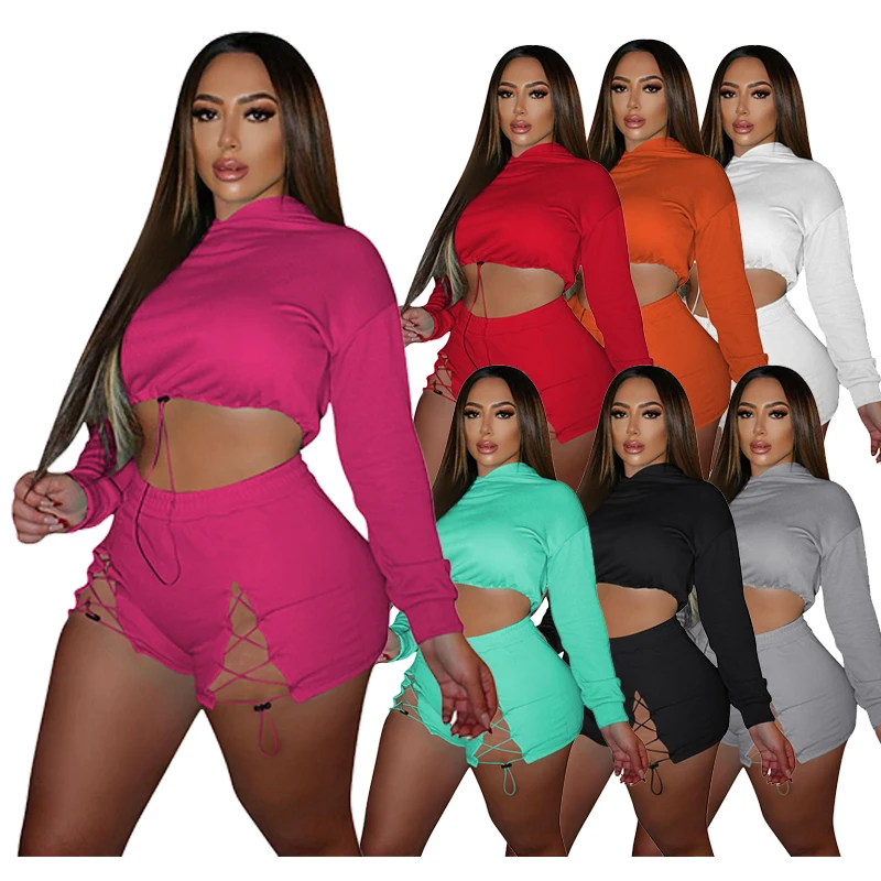 

2021 Sports Leisure 2 Piece Set Casual Fall Hooded Long Sleeve Crop Top Sexy Elastic Band Shorts Suit Two Piece Sets For Women, White, yellow, gray, green, black, pink, blue