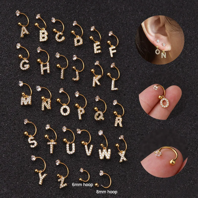 

1PC Stainless Steel 26 Alphabet Letters Zircon Hoop Ear Cartilage Puncture Helix Piercing Stud Earrings for Women, Silver, gold, rose gold