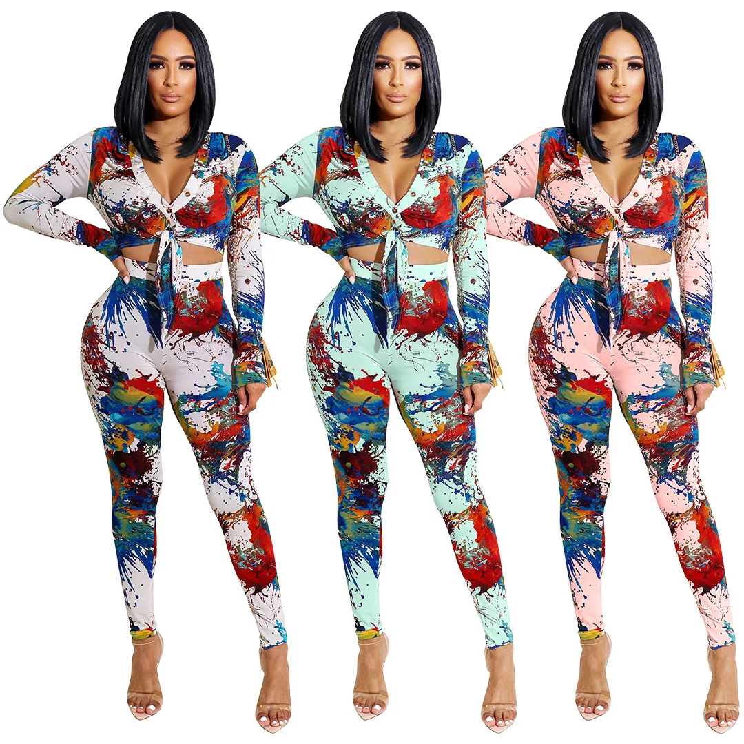 

2021 Autumn Splash Ink Print Two Piece Pants Set Sexy V Neck Bandage Top Casual Women Fall Sets Female Wears, Picture color