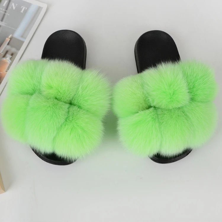 

Fashionable Color Big Fluffy Fur Ball Slippers Real Fox Fur Slides Pom Pom Fur Shoes For Women