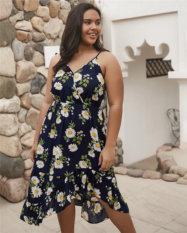 

2021 Summer Fashion Plus Size Print Sling Beach Holiday Dress, Picture color