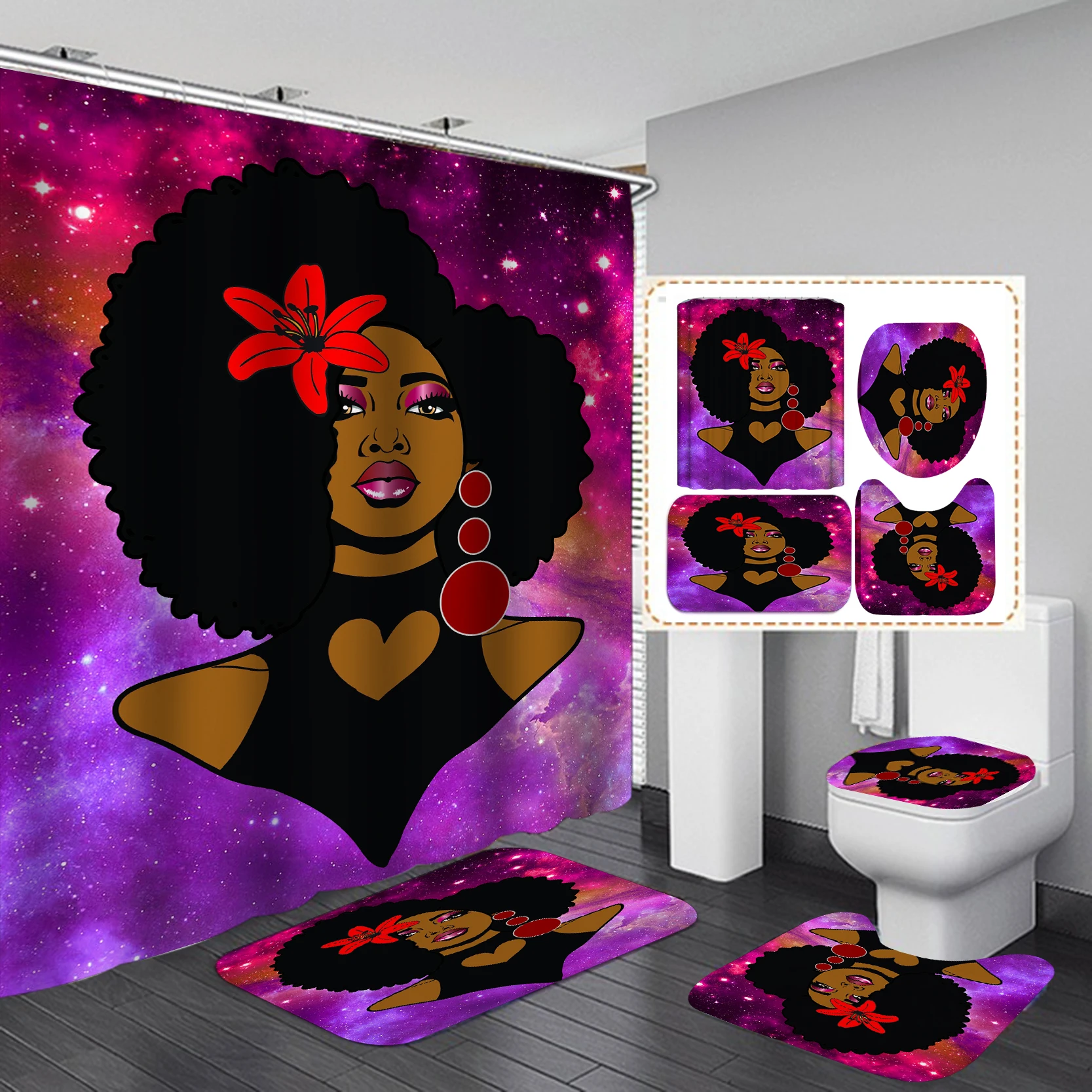 

Designers Print Fabric African American Bathroom Shower Curtain Sets 4 Pieces, 2020 Print Polyester Black Girl Bath Curtain Set/, Accept customized color