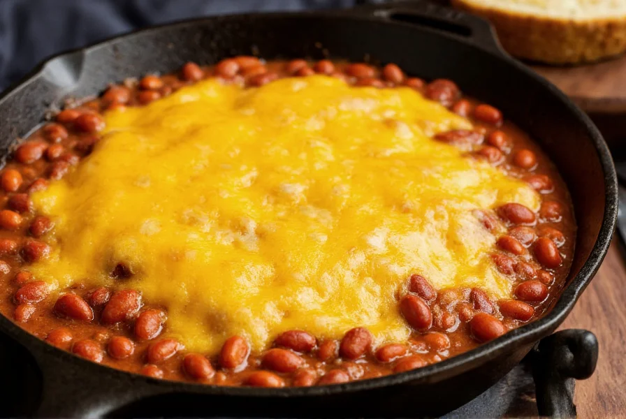 Golden cornbread baked on top of steaming chili in cast iron skillet with melted cheese topping
