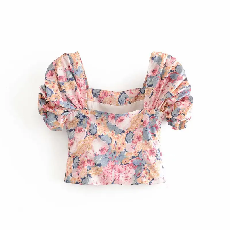 

cs627 women's new design pleated short sleeve square neck floral print short blouse ladies summer casual crop tops