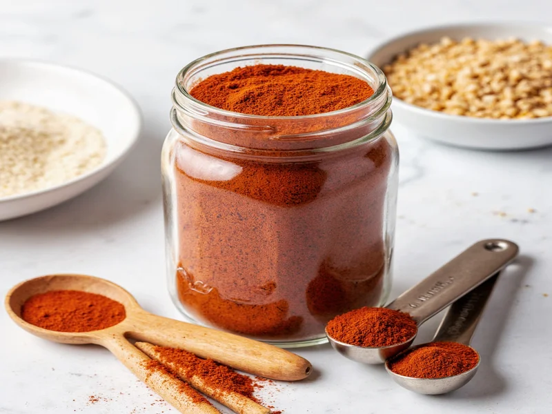 Homemade chili spices blend in mason jar with measuring spoons