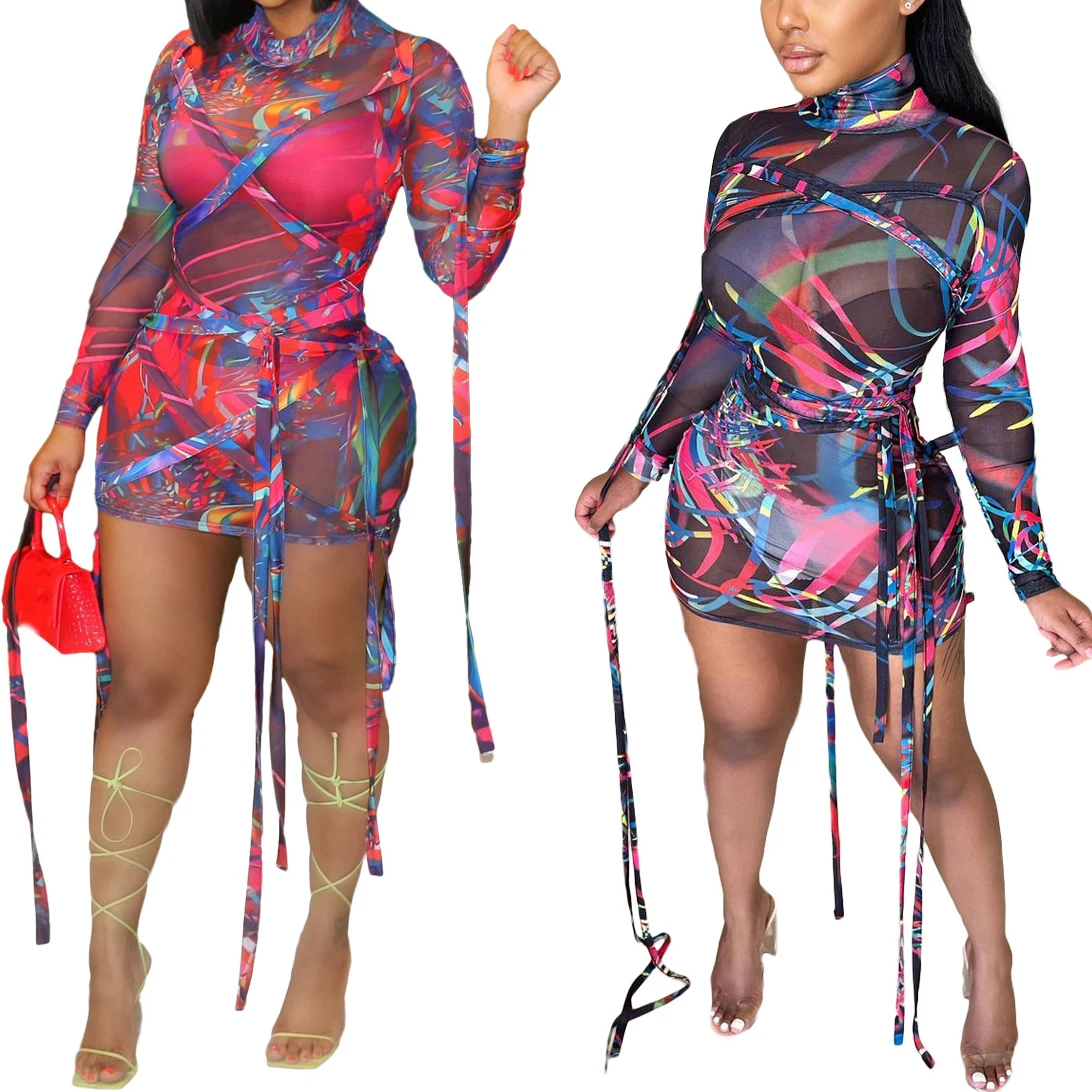 

FS2475D Hot sale summer Long sleeve fashion print bandage mesh dresses women streetwear dress