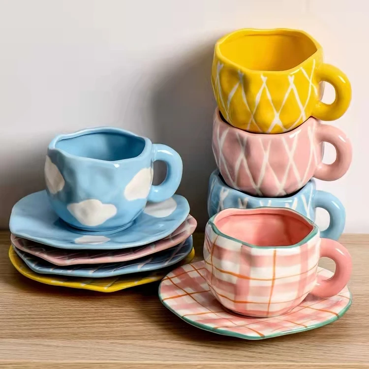 

Hand pinch striped ceramic coffee cup with irregular saucer afternoon tea cup set 300ml couple mug gift cups, Pink/yellow/blue