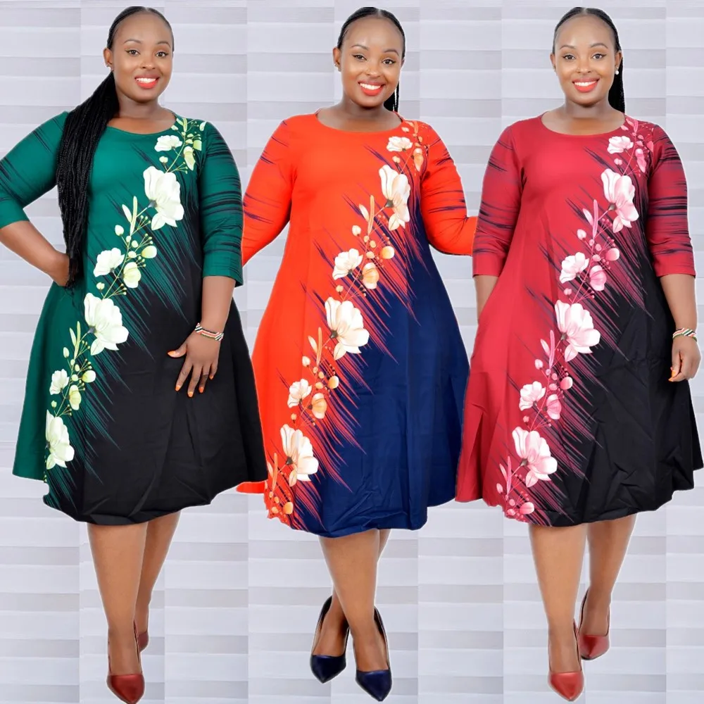 

2021 Fall African Style Designs Women Clothing Plus Size O-Neck Three-Quarter Sleeve A-Line Floral Print Dress, Picture color