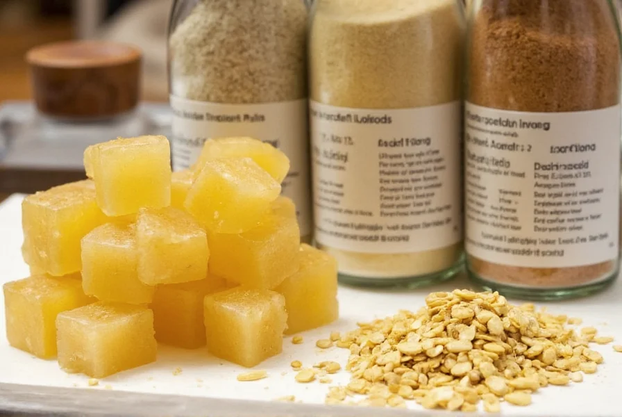 Asafoetida resin pieces next to ground powder in glass containers with proper storage labels