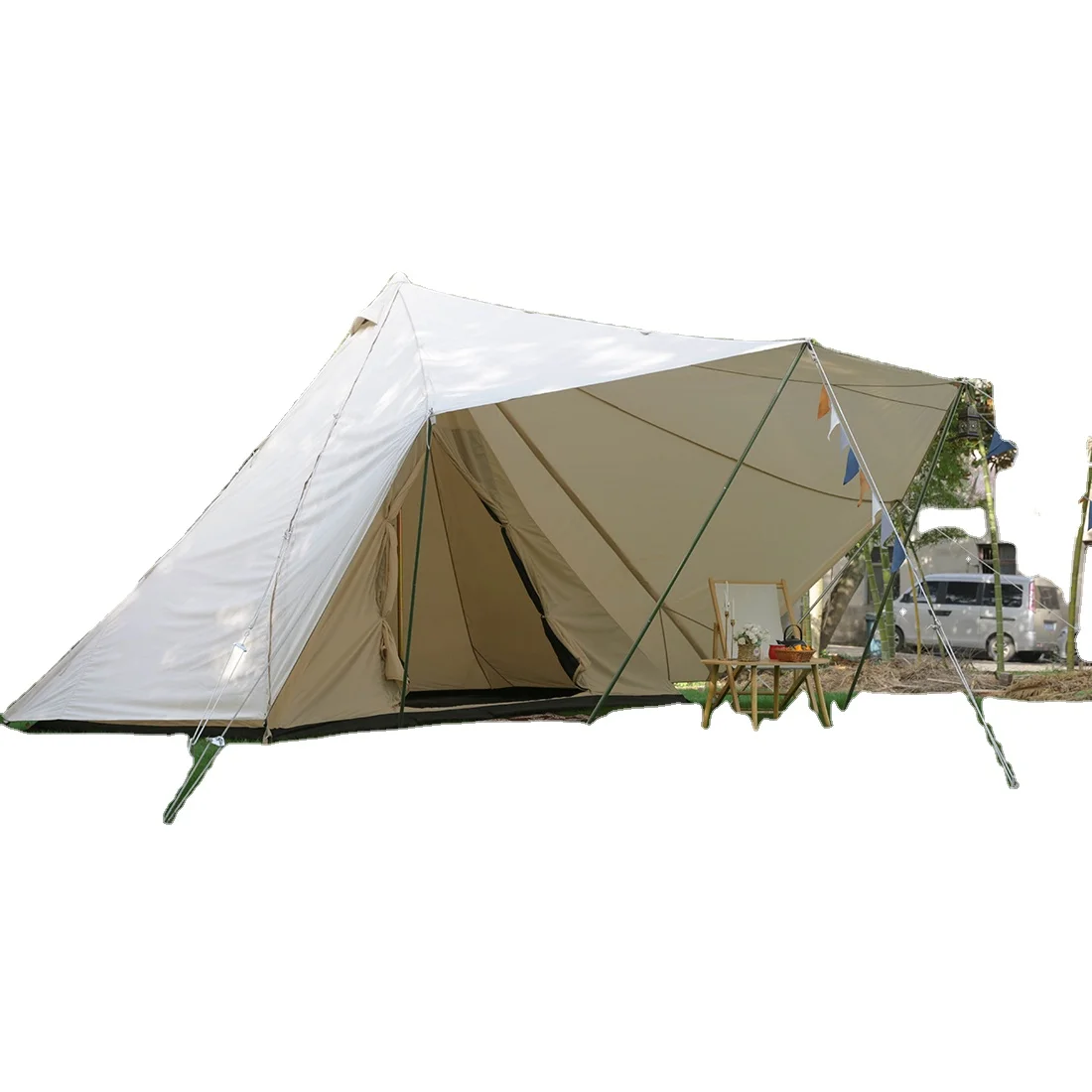 

3D Max Outdoor Double Doors Gamping Canopy Pyramid One Pole Tent Bat Shape Indian Canvas Teepee Tent With Front Awning