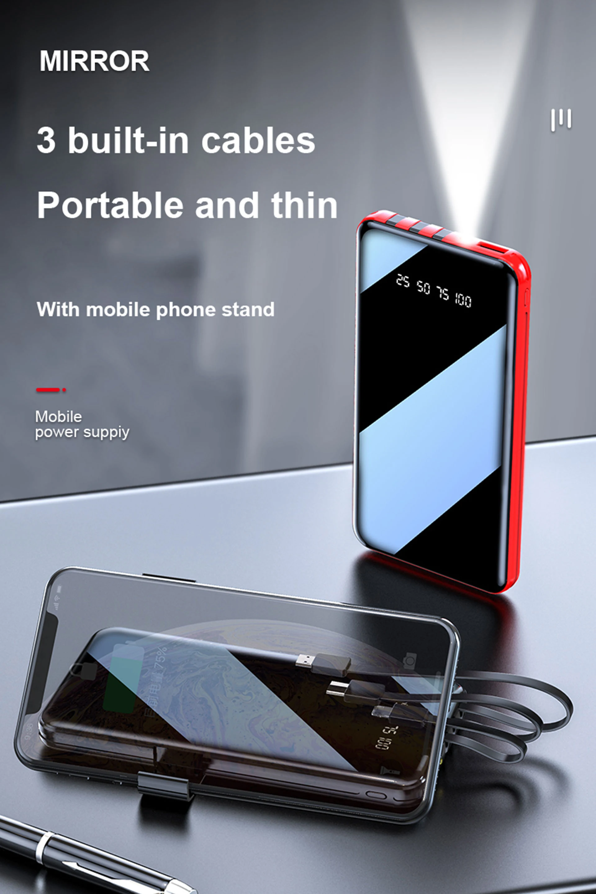 New Custom Full Mirror Screen Power Bank 10000mah LED Display, Fast Charging Power Banks, Sharing Type c powerbank with cable - ANKUX.COM