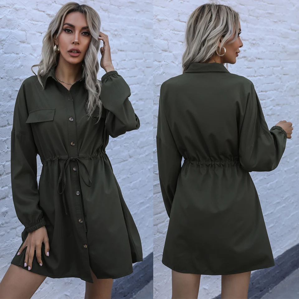 

2021 Casual Dresses Women Long Sleeve Button Down Shirts Dress with Tape Woman Wear to Work Official Dress Wholesale