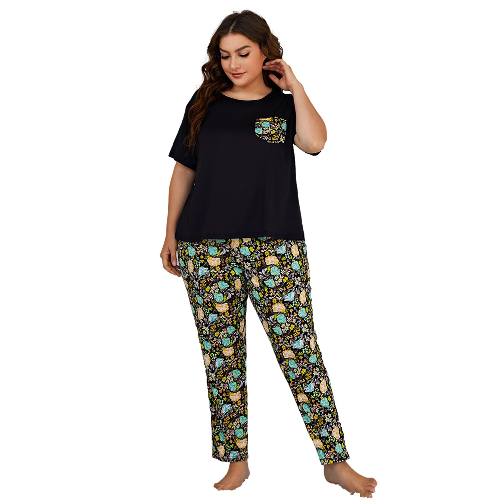 

Summer big size nightwear sexy knitted leisure wear tela pijama stitch adulto 4xl 5xl pajamas plus size pj sets for fat women, Black and yellow floral