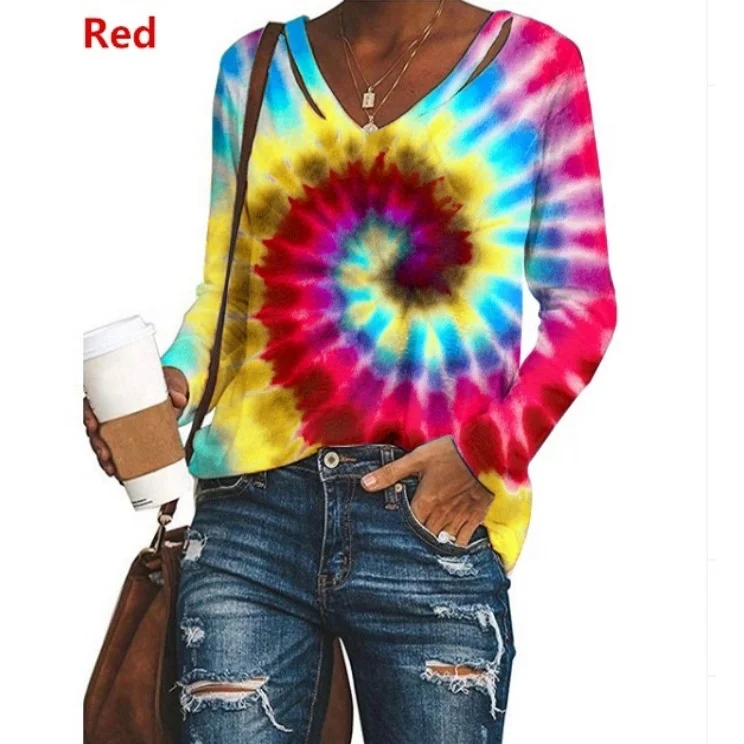 

Women's V-neck tie-dye printed long sleeve loose top T-shirt