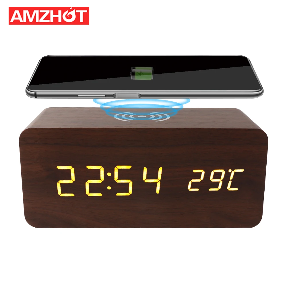 

G11-0040 AMAZON HOT Wireless Charging Wooden LED Digital Alarm Clock Wooden Wireless Charger