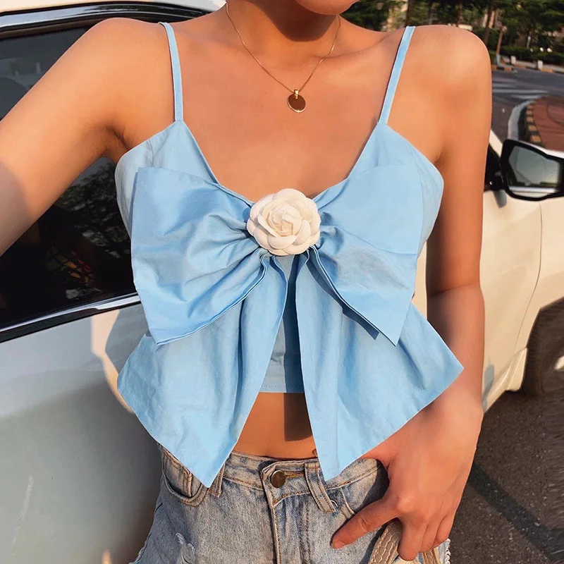 

Summer New Arrival Cute Front Bow Spaghetti Strap Wholesale Women Camo Crop Tops, Customized