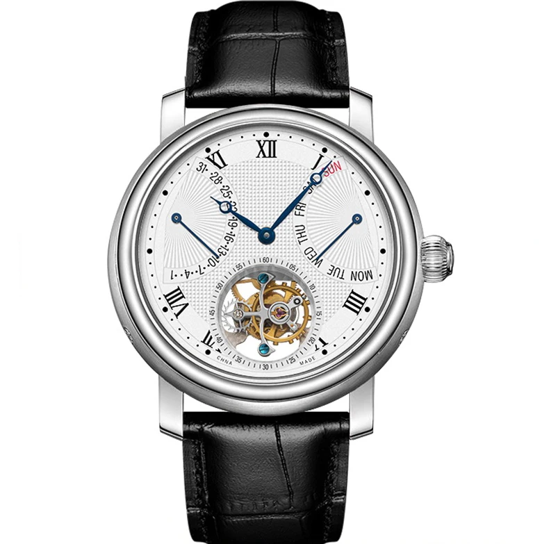

High-end cow leather strap double calendar waterproof tourbillon men mechanical wristwatch