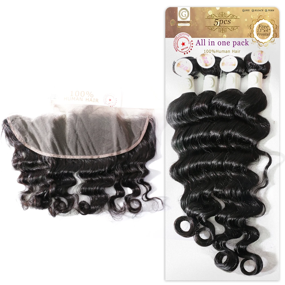 

Packet hair loose deep 100 % human hair 4 bundles and one free frontal one set 250gram for making one head