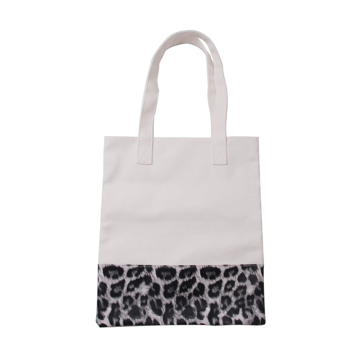 

amazon top seller Women canvas tote 1001720 with short handle and leopard PU bottom canvas handbag causal shopping bag