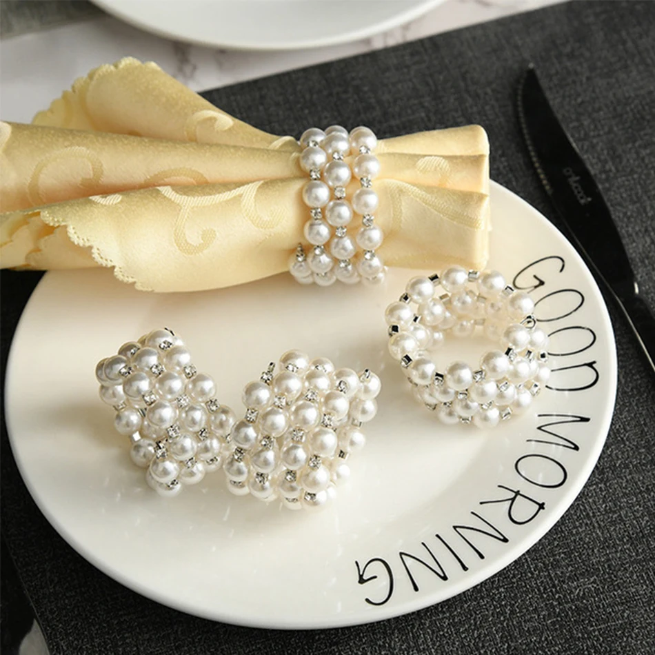 

wholesale Napkin bling rhinestone Pearl beaded modern napkin rings for wedding thanksgiving Christmas table cloth napkin ring, Gray,gold, silver,champagne