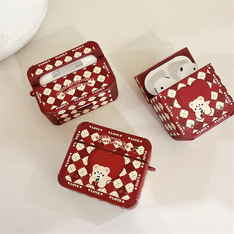 

2022 Hot Fashion Cherry Lattice Bear Plaid Designer Soft Leather Case for Airpods 1 2 Pro for Air pods 2 3 Pro