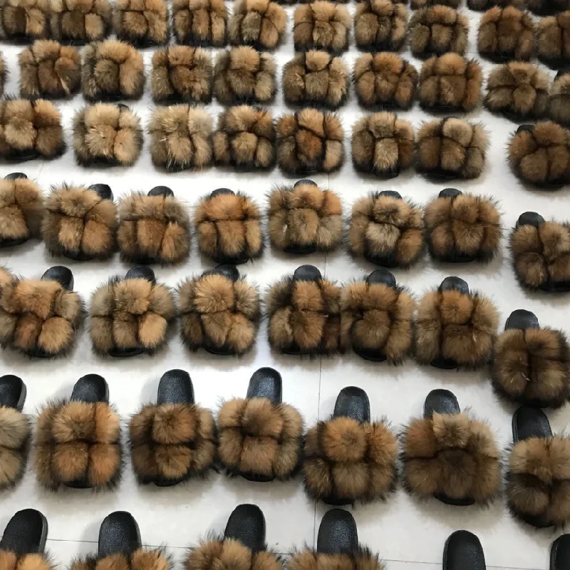 

Women's Leather Slippers Fur Slides Designer raccoon fur slides