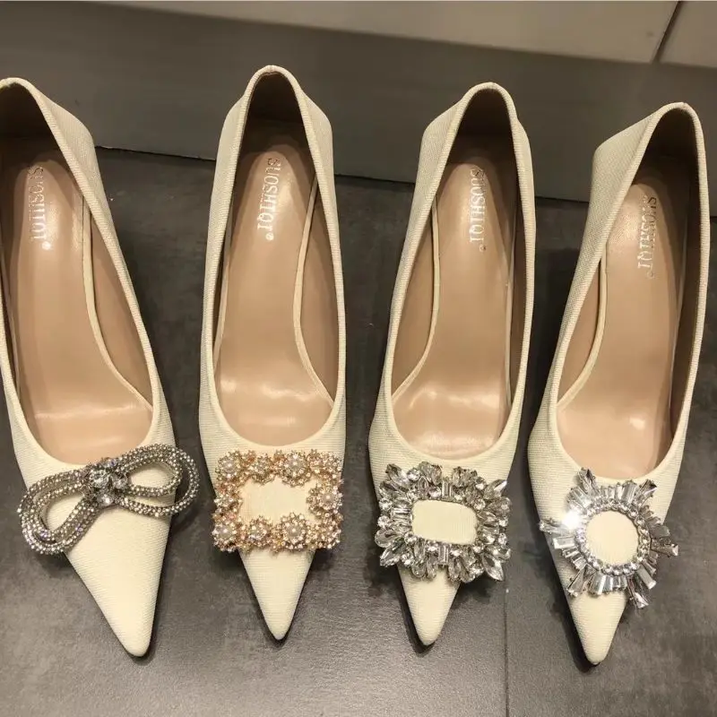 

Trendy Color Rhinestone Bow Ladies Pointed Toe Pumps Fashion Heels for Women, Beige, black, green, pink