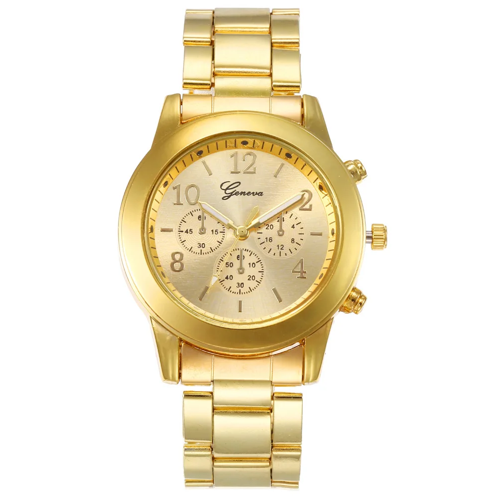 

Geneva Gold Ladies Women Girl Luxury Brand Stainless Steel Quartz Wrist Watch Reloj Mujer Men Watch, 3 colors