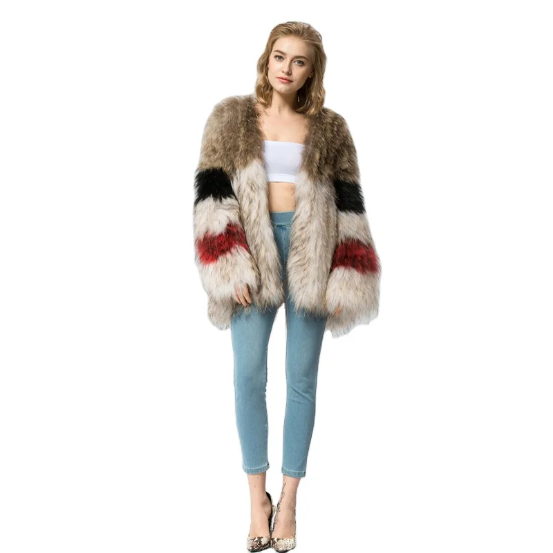

CR057 knitted 100% Real raccoon fur coat jacket overcoat women's fashion winter warm genuine fur coats outwear