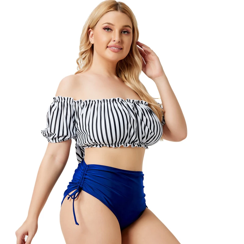 

2022 amazon new plus size swimsuit Stripe print on chest sexy bikini