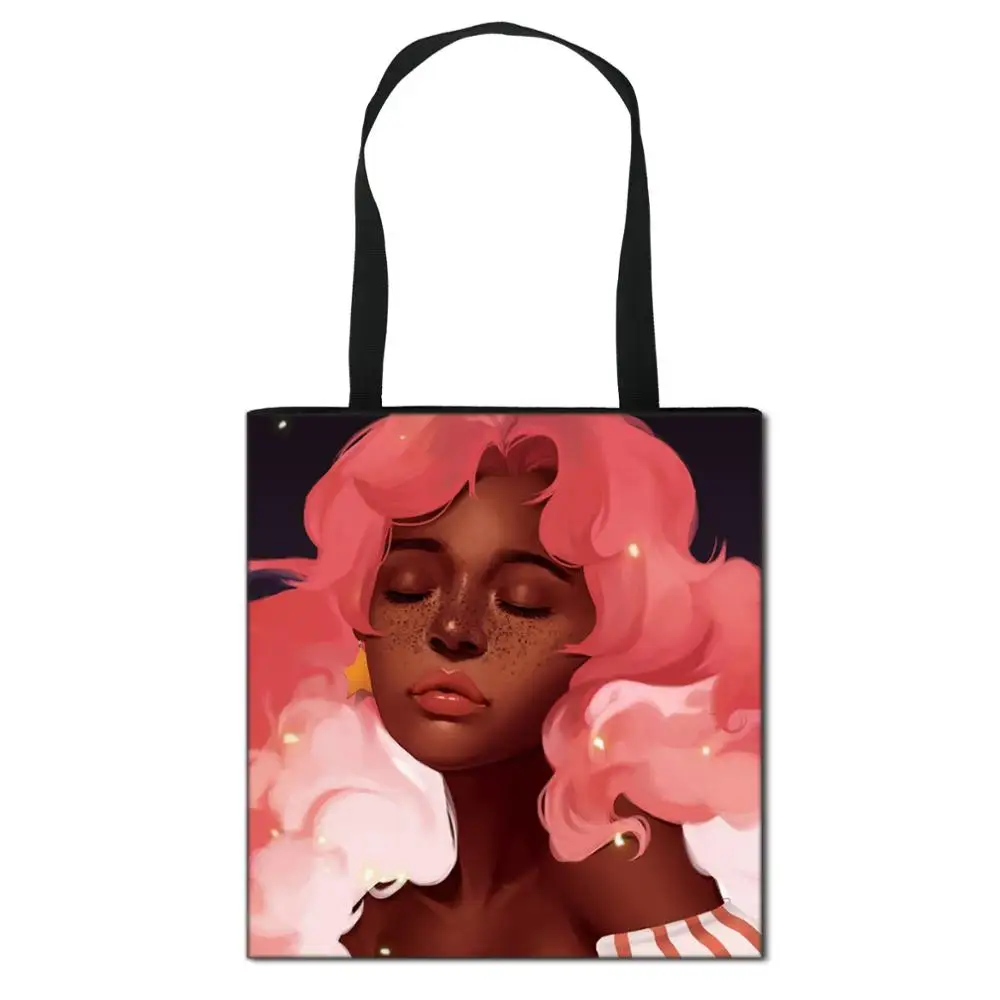 

African Black Girl Print Women Fashion Tote Bag Young Girl Foldable Shoulder Bag Ladies Reusable Large Capacity Shopping Pocket, Customizable