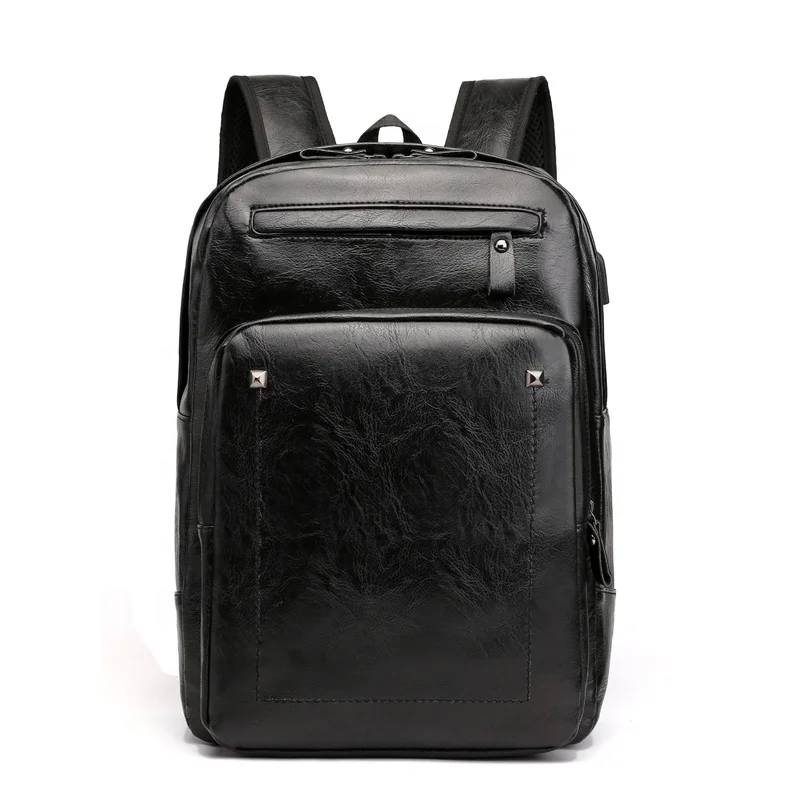 

Stylish brown black large casual leisure daily waterproof business college usb PU bags men's leather backpack