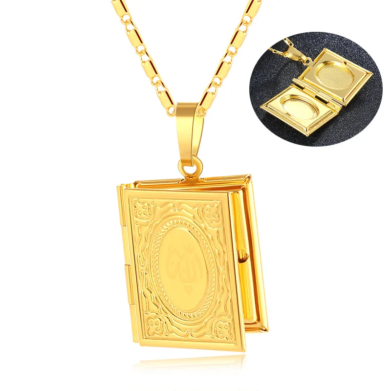 

Gold Islam Allah God Totem Quran Muslim Necklace Book Photo Locket Necklace for Religion Jewelry, 18k gold