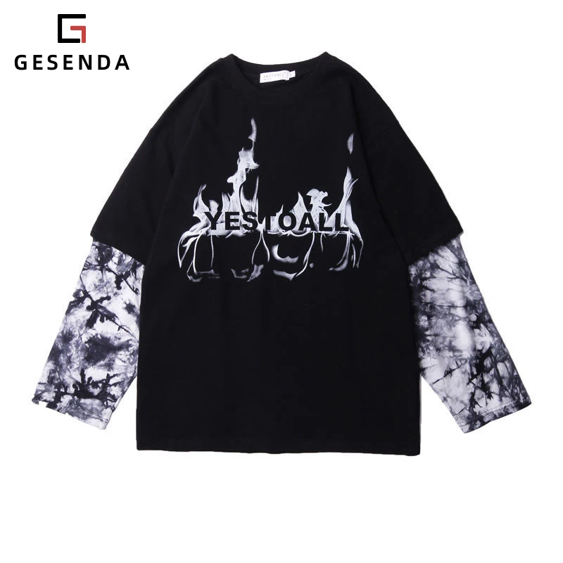 

ins high street dark funeral hip-hop brand stitching loose sweater two tie-dye long-sleeved T-shirt men