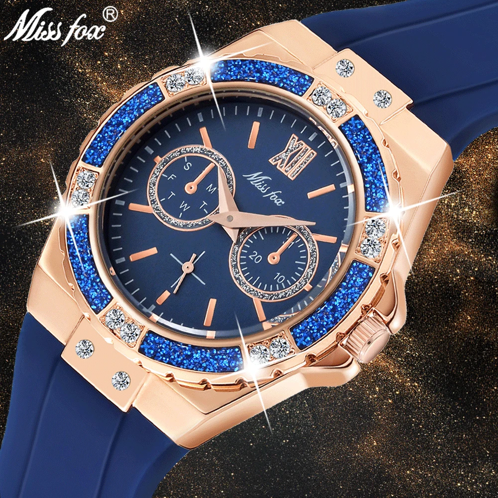 

MISSFOX Women's Watches Rose Gold Sport Watch Ladies Guessing Diamond Blue Rubber Band Analog Female Quartz Wristwatch