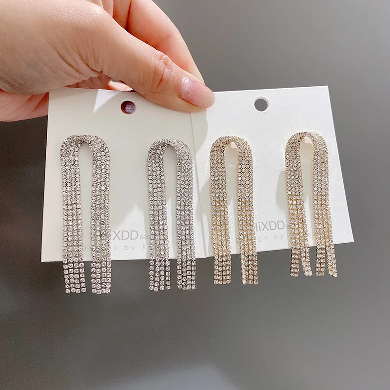 

Korean Design 925 Silver Needle Full Diamond Chain Tassel Earrings CZ Zircon Long Drop Earrings