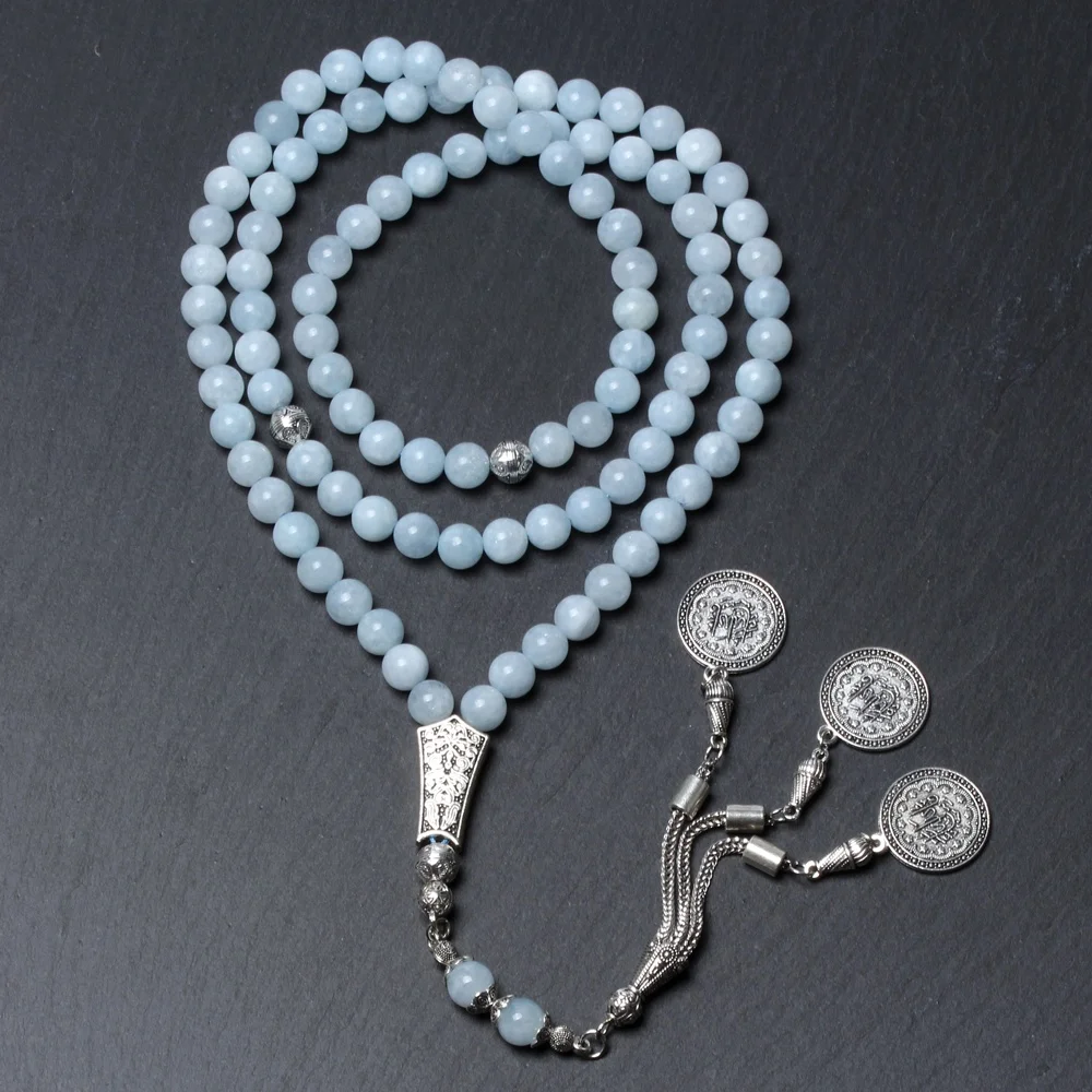 

New Design blue Stone 8mm Muslim Misbaha Tasbih Rosary Subha Islamic Prayer Beads 99