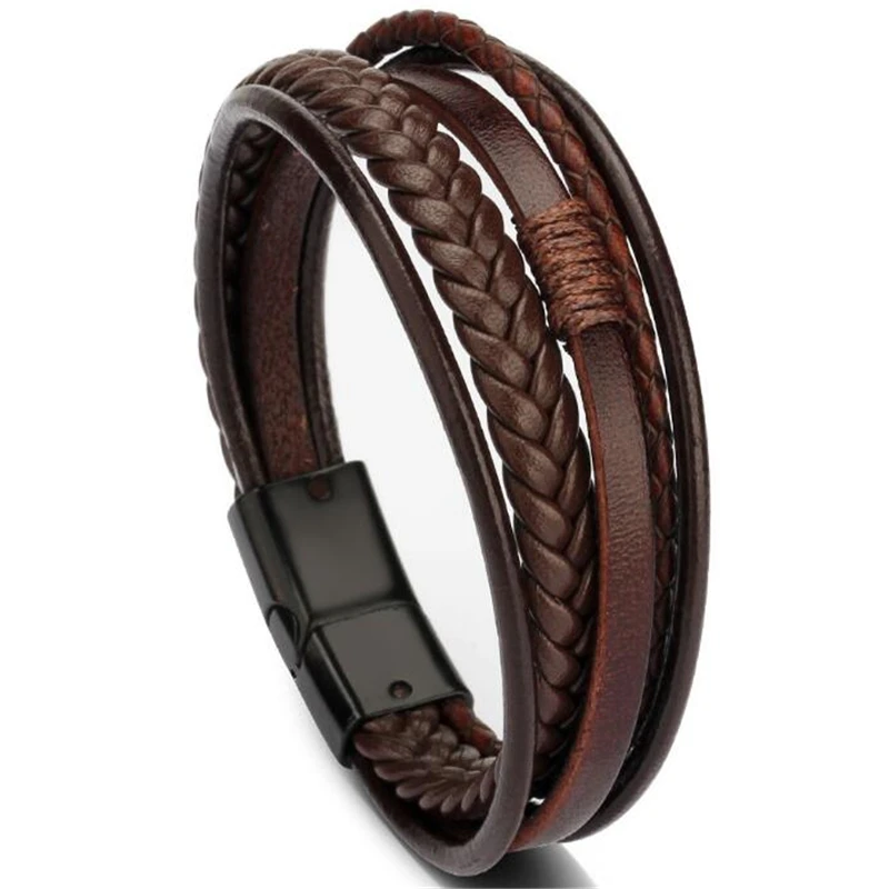 

Fashion Genuine Leather Bracelet Men Stainless Steel Multilayer Braided Rope Bracelet Jewelry, As pic show