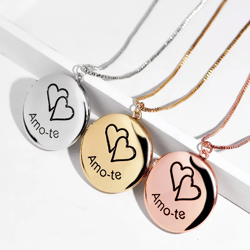 

Best Selling DIy 18K Gold Couple Jewelry Clavicle Link Chain Charm Round Pendent Double Peach Heart Photo Locket Memory Necklace, Gold/silver/rose gold